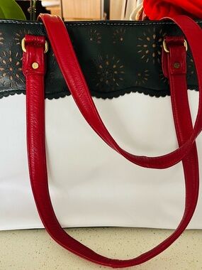 Authentic genuine leather Classic Two-Tone Tote Bag in White, Black & Red